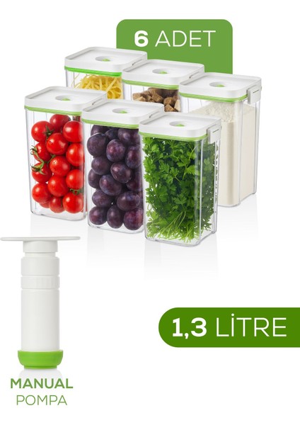 7'li Vakumlu Saklama Kabı Seti | 6x 1,3 Litre Kap + Manuel Pompa fiyatları