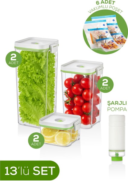 13'lü Vakumlu Saklama Kabı Seti | 2x(2 Lt-1,3 Lt-0,5 Lt) Kap + Şarjlı Pompa + 6x Vakumlu Poşet