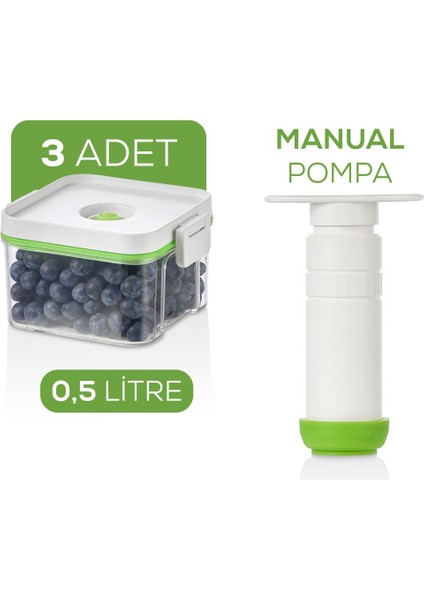 4'lü Vakumlu Saklama Kabı Seti | 3x 0,5 Litre Kap + Manuel Pompa