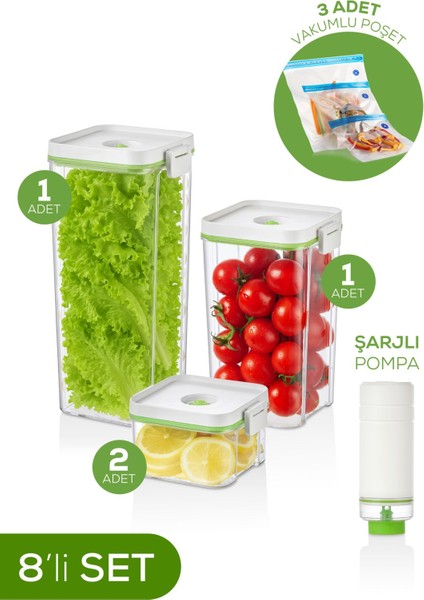 8'li Vakumlu Saklama Kabı Seti | 1x(2 Lt-1,3 Lt) 2x(0,5 Lt) Kap + Şarjlı Pompa + 3x Vakumlu Poşet