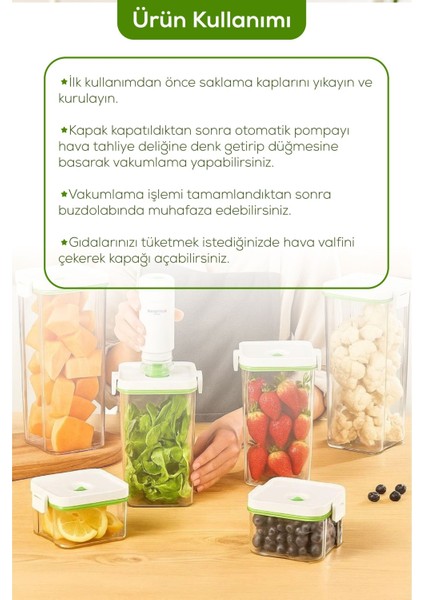 8'li Vakumlu Saklama Kabı Seti | 1x(2 Lt-1,3 Lt) 2x(0,5 Lt) Kap + Şarjlı Pompa + 3x Vakumlu Poşet modelleri