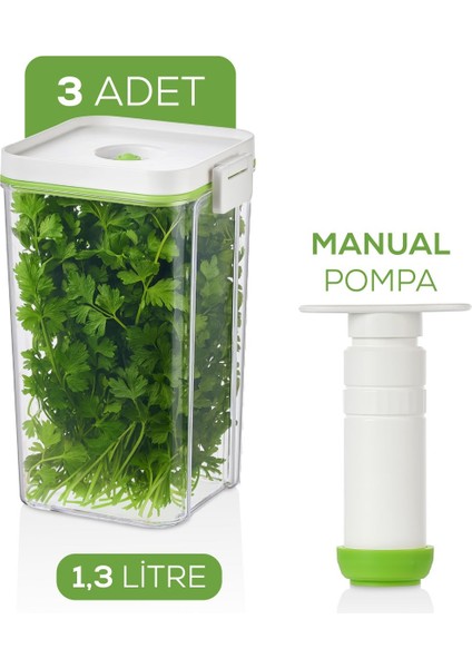 4'lü Vakumlu Saklama Kabı Seti | 3x 1,3 Litre Kap + Manuel Pompa