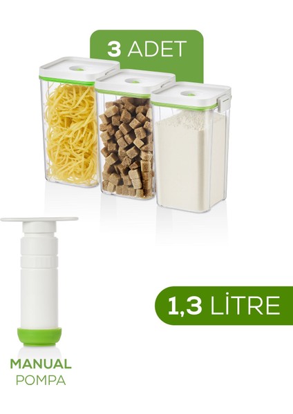 4'lü Vakumlu Saklama Kabı Seti | 3x 1,3 Litre Kap + Manuel Pompa fiyatları