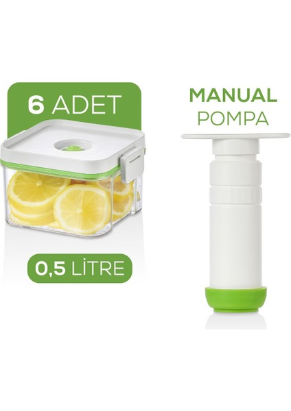 7'li Vakumlu Saklama Kabı Seti | 6x 0,5 Litre Kap + Manuel Pompa