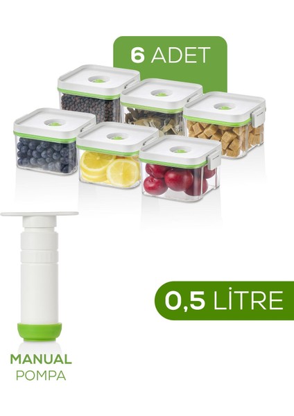 7'li Vakumlu Saklama Kabı Seti | 6x 0,5 Litre Kap + Manuel Pompa fiyatları
