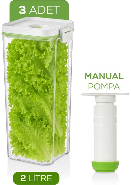 4'lü Vakumlu Saklama Kabı Seti | 3x 2 Litre Kap + Manuel Pompa