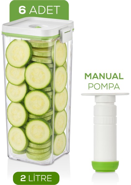 7'li Vakumlu Saklama Kabı Seti | 6x 2 Litre Kap + Manuel Pompa