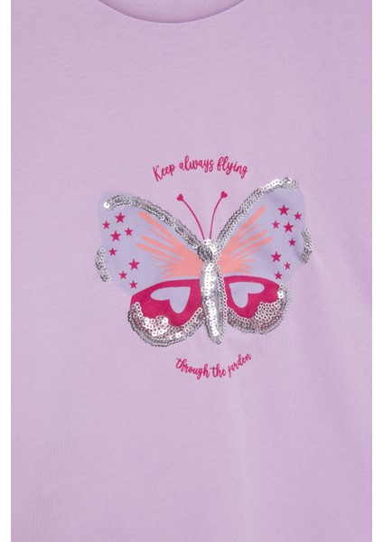 Lila Kelebek Baskılı Payetli Kız Çocuk Tişört 21000 fiyatları