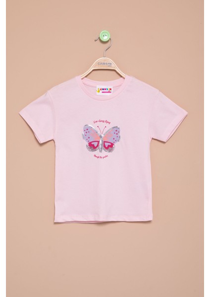 Pembe Kelebek Baskılı Payetli Kız Çocuk Tişört 20998
