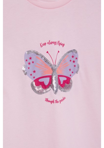 Pembe Kelebek Baskılı Payetli Kız Çocuk Tişört 20998 fiyatları