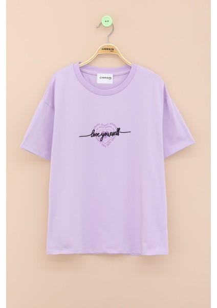 Lila Sırtı Kalp Baskılı Yazılı Kız Çocuk Bisiklet Yaka Tişört 20971