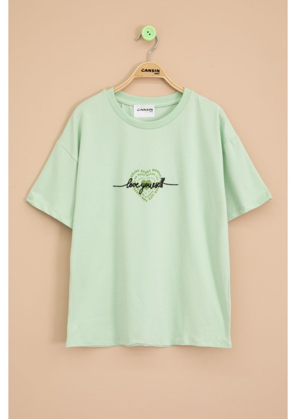 Yeşil Sırtı Kalp Baskılı Yazılı Kız Çocuk Bisiklet Yaka Tişört 20970