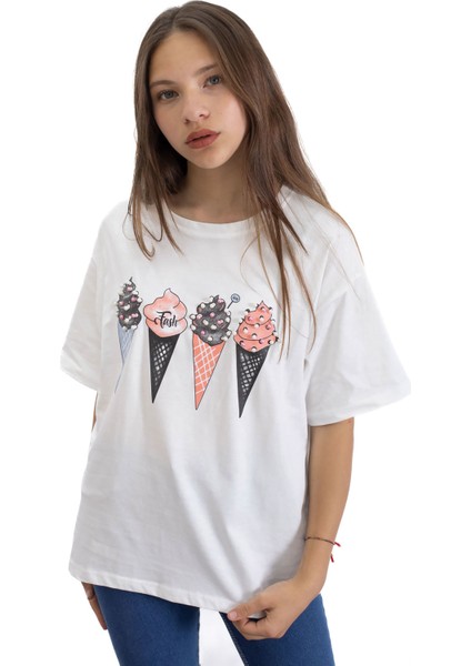 Ekru Dondurma Baskılı Taşlı Kız Çocuk Kısa Kol Oversize Tişört 20793