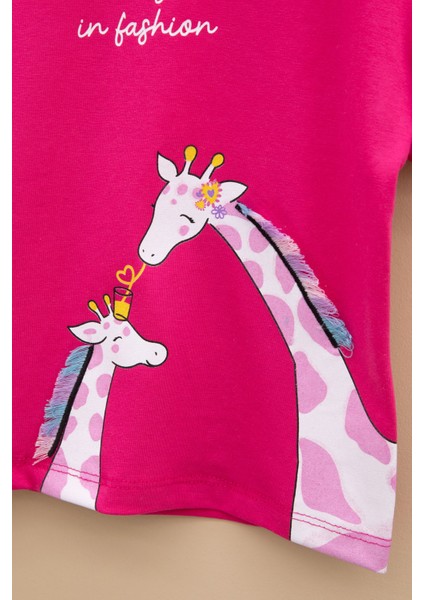 Fuşya Zürafa Baskılı Fırfırlı Kız Bebek Kısa Kol Tişört 20995 fiyatları
