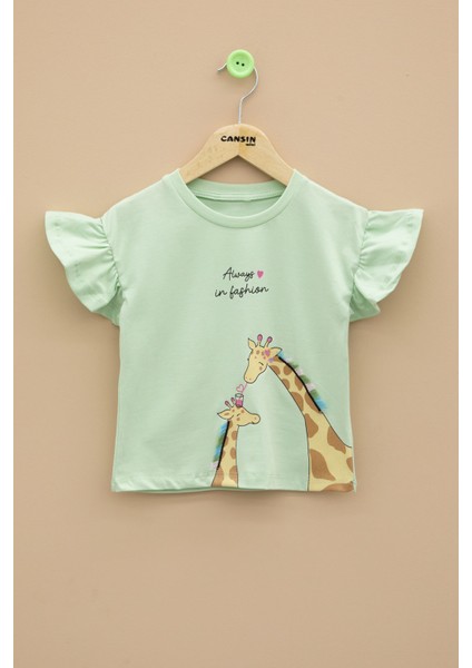 Yeşil Zürafa Baskılı Fırfırlı Kız Bebek Kısa Kol Tişört 20993