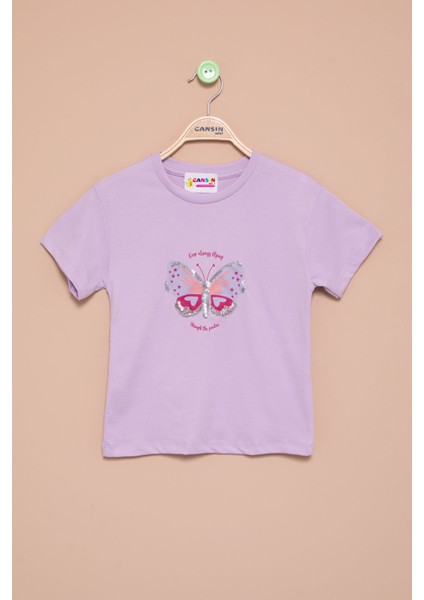 Lila Kelebek Baskılı Payetli Kız Çocuk Tişört 21000
