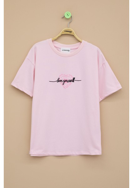 Pembe Sırtı Kalp Baskılı Yazılı Kız Çocuk Bisiklet Yaka Tişört 20972