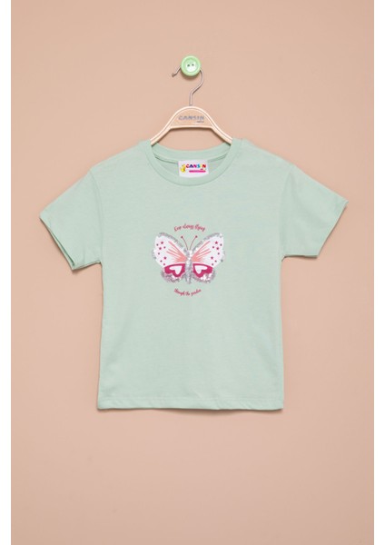 Yeşil Kelebek Baskılı Payetli Kız Çocuk Tişört 20999