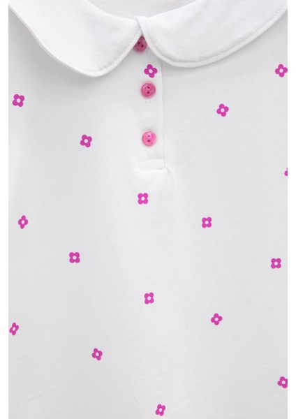 Ekru Çiçek Desenli Düğmeli Yaka Kız Çocuk Tişört 20987 fiyatları