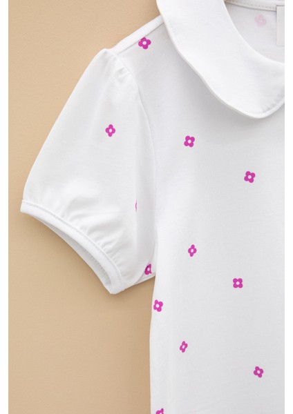 Ekru Çiçek Desenli Düğmeli Yaka Kız Çocuk Tişört 20987 modelleri