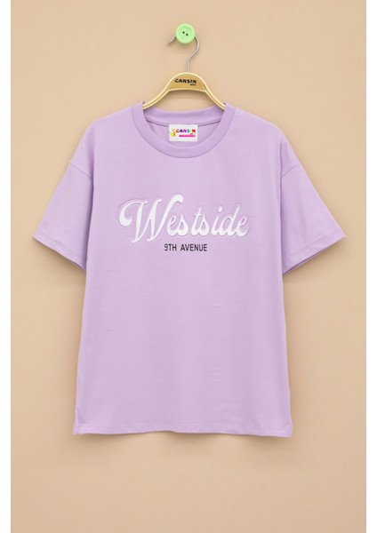 Lila West Side Kabartmalı Yazılı Kız Çocuk Bisiklet Yaka Tişört 20975