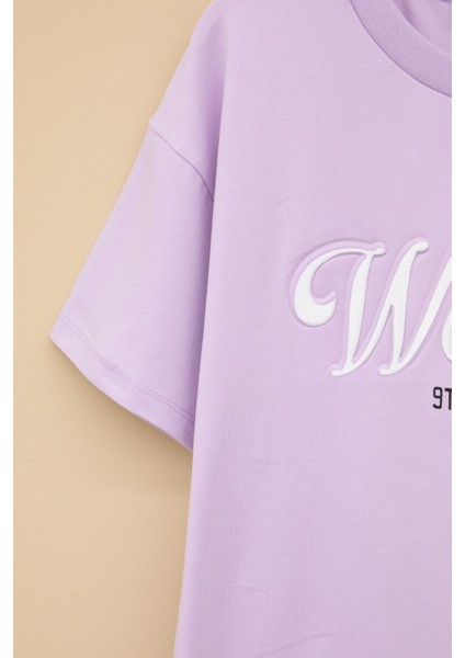 Lila West Side Kabartmalı Yazılı Kız Çocuk Bisiklet Yaka Tişört 20975 modelleri