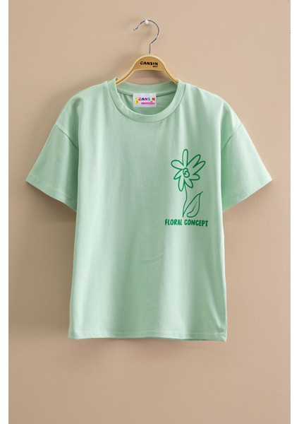 Yeşil Çiçek Baskılı Sırtı Yazılı Kız Çocuk Bisiklet Yaka Tişört 20967