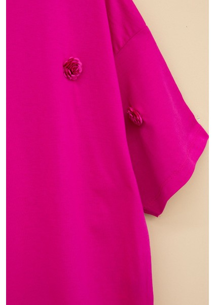 Fuşya Gül Nakış Detaylı Kısa Kol Kız Çocuk Oversize Tişört 20806 modelleri