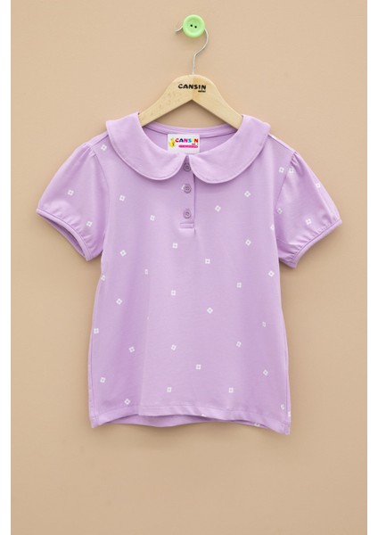 Lila Çiçek Desenli Düğmeli Yaka Kız Çocuk Tişört 20989