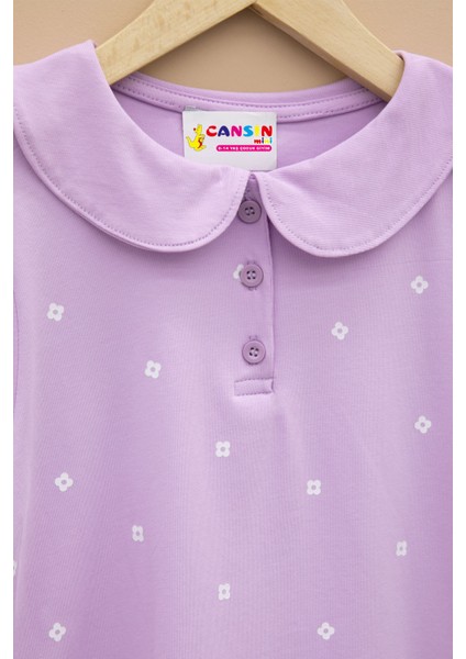 Lila Çiçek Desenli Düğmeli Yaka Kız Çocuk Tişört 20989 fiyatları