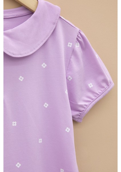 Lila Çiçek Desenli Düğmeli Yaka Kız Çocuk Tişört 20989 modelleri