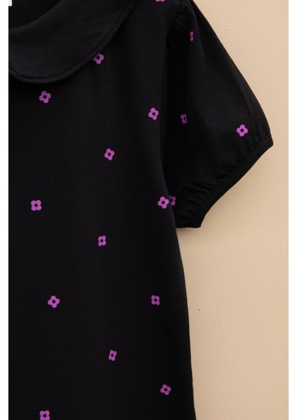 Siyah Çiçek Desenli Düğmeli Yaka Kız Çocuk Tişört 20988 modelleri