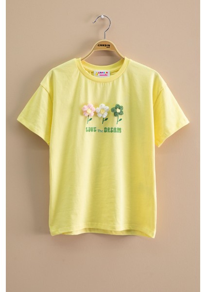 Sarı Papatya Nakışlı Bisiklet Yaka Kız Çocuk Tişört 20982