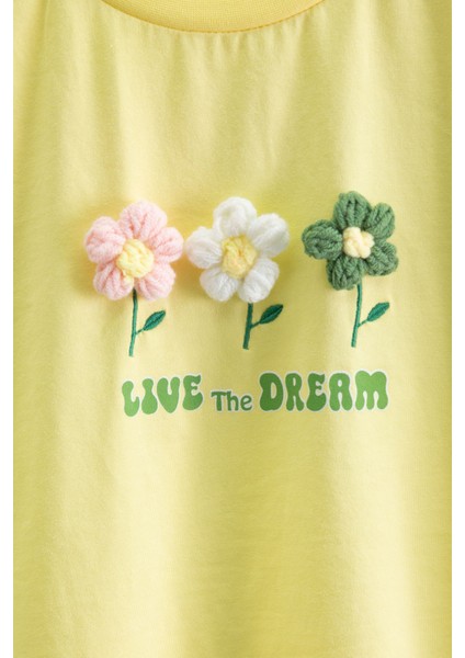 Sarı Papatya Nakışlı Bisiklet Yaka Kız Çocuk Tişört 20982 fiyatları