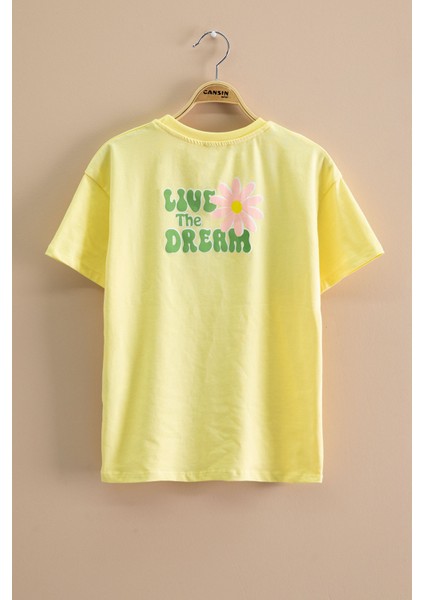 Sarı Papatya Nakışlı Bisiklet Yaka Kız Çocuk Tişört 20982 modelleri