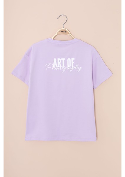 Lila Sırtı Yazılı Fotoğraf Baskılı Kız Çocuk Bisiklet Yaka Tişört 20977 fiyatları