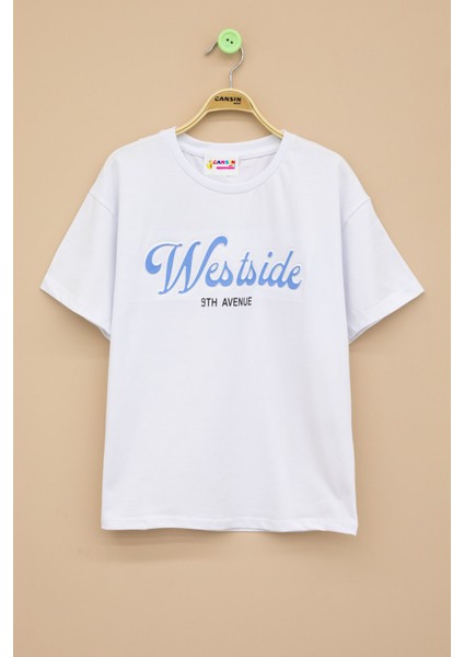 Ekru West Side Kabartmalı Yazılı Kız Çocuk Bisiklet Yaka Tişört 20976