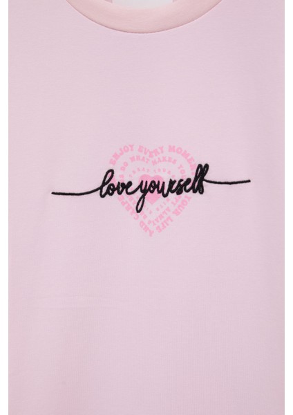 Pembe Sırtı Kalp Baskılı Yazılı Kız Çocuk Bisiklet Yaka Tişört 20972 fiyatları