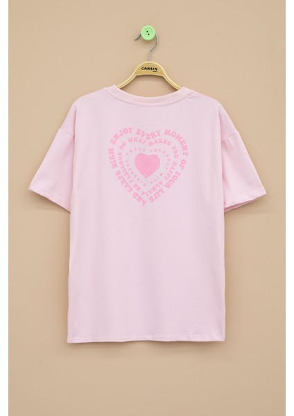 Pembe Sırtı Kalp Baskılı Yazılı Kız Çocuk Bisiklet Yaka Tişört 20972 modelleri
