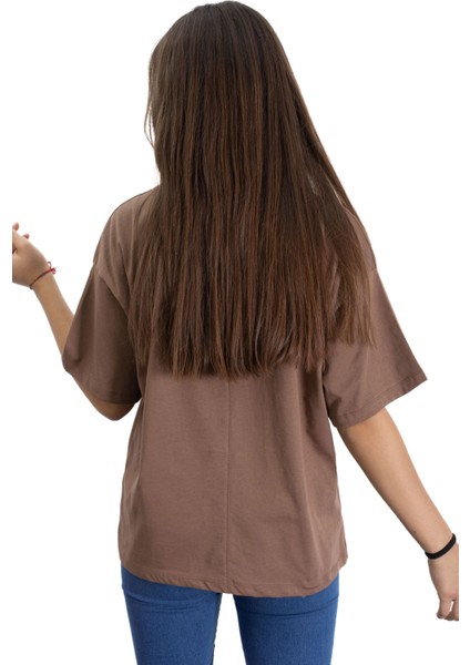 Kahve Gül Nakış Detaylı Kısa Kol Kız Çocuk Oversize Tişört 20808 fırsatları