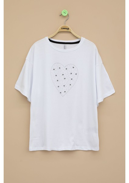 Ekru Payetli Kalp Desenli Kısa Kol Kız Çocuk Oversize Tişört 20791