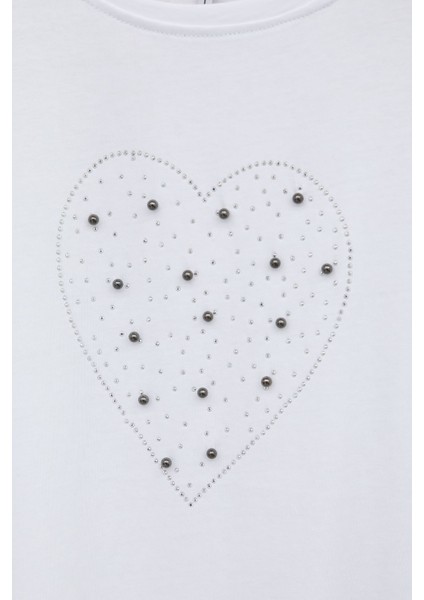 Ekru Payetli Kalp Desenli Kısa Kol Kız Çocuk Oversize Tişört 20791 fiyatları