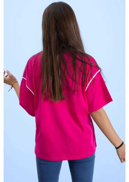 Fuşya Kolu Şerit Detaylı Payetli Kız Çocuk Oversize Tişört 20811 fırsatları