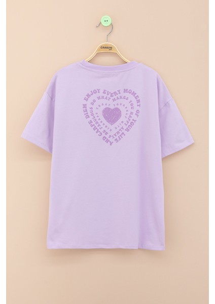 Lila Sırtı Kalp Baskılı Yazılı Kız Çocuk Bisiklet Yaka Tişört 20971 modelleri