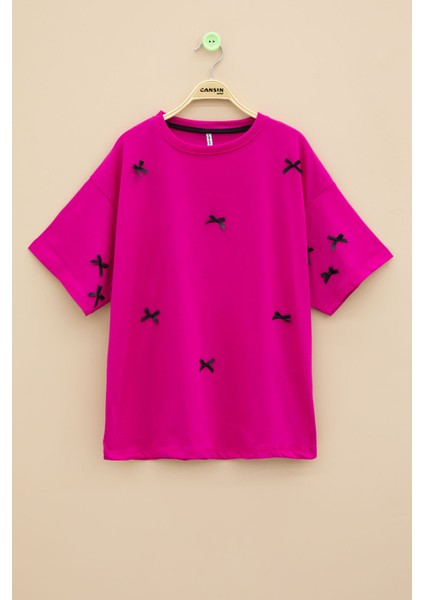 Fuşya Fiyonk Nakışlı Kısa Kol Kız Çocuk Oversize Tişört 20801