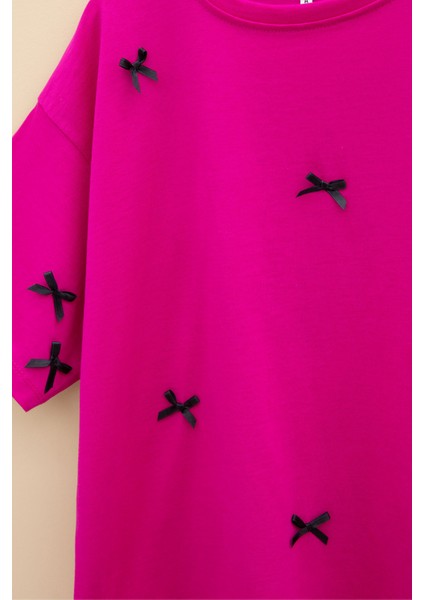 Fuşya Fiyonk Nakışlı Kısa Kol Kız Çocuk Oversize Tişört 20801 modelleri
