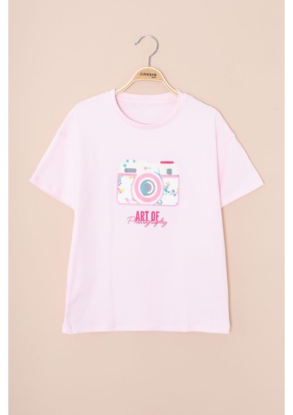 Pembe Sırtı Yazılı Fotoğraf Baskılı Kız Çocuk Bisiklet Yaka Tişört 20979