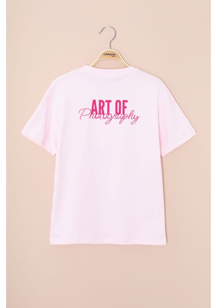 Pembe Sırtı Yazılı Fotoğraf Baskılı Kız Çocuk Bisiklet Yaka Tişört 20979 fiyatları