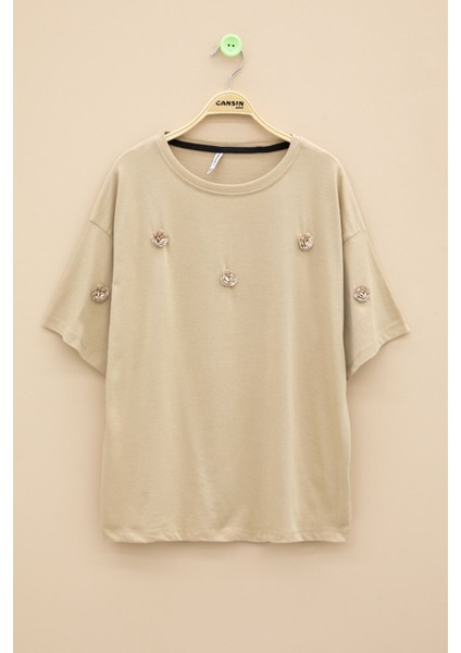 Bej Gül Nakış Detaylı Kısa Kol Kız Çocuk Oversize Tişört 20807