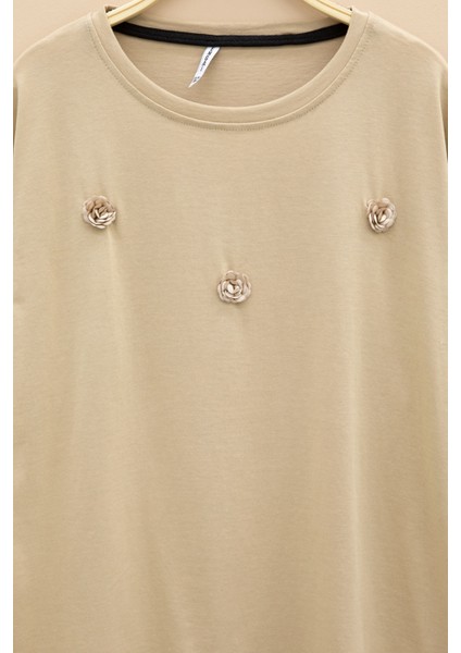 Bej Gül Nakış Detaylı Kısa Kol Kız Çocuk Oversize Tişört 20807 fiyatları